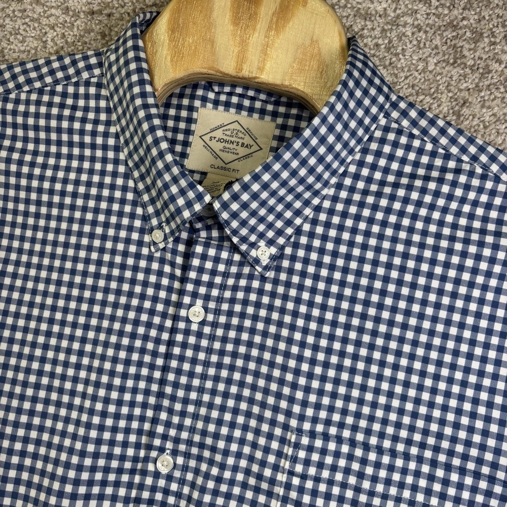 St. John's Bay Shirt Mens 3XL Blue Check Long Sleeve Button Down Stretch Casual
